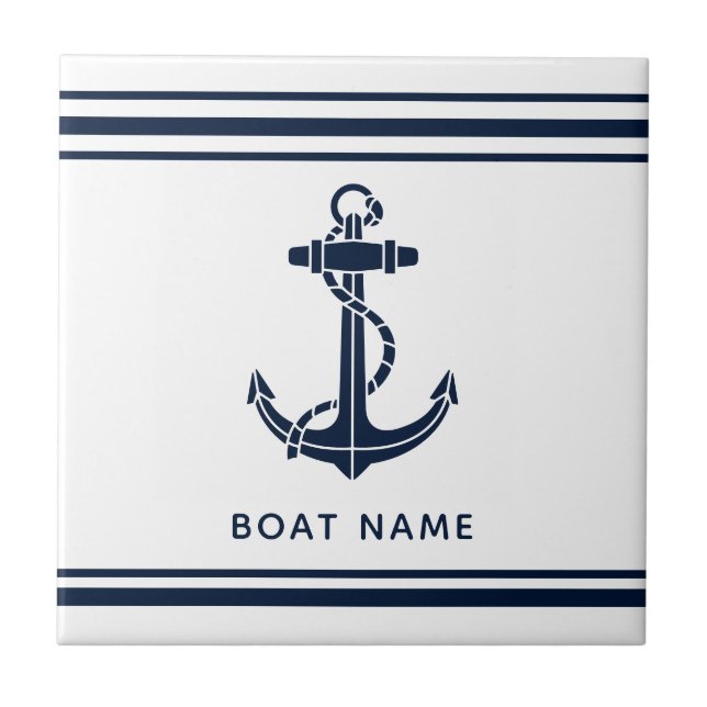 Nautical Navy Blue Anchor Boat Name Custom Ceramic Tile (Front)