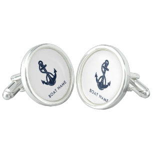 Nautical Navy Blue Anchor Boat Name Custom Cufflinks