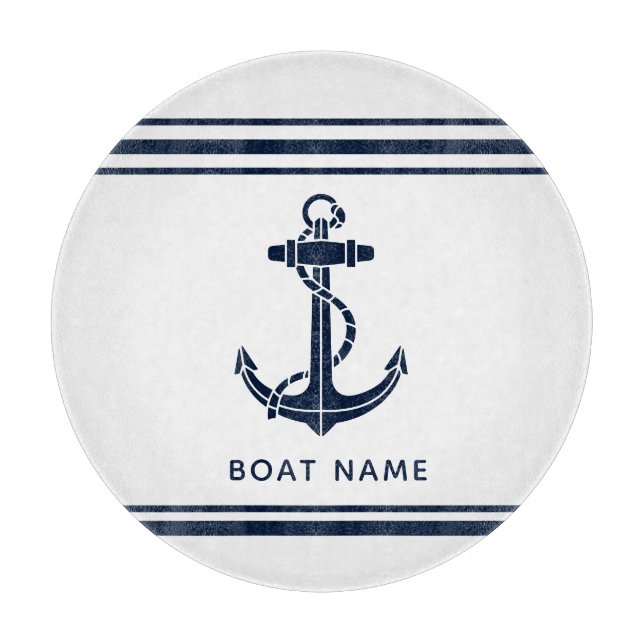 Nautical Navy Blue Anchor Boat Name Custom Cutting Board (Front)