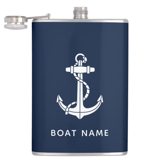 Nautical Navy Blue Anchor Boat Name Custom Flask (Opened)