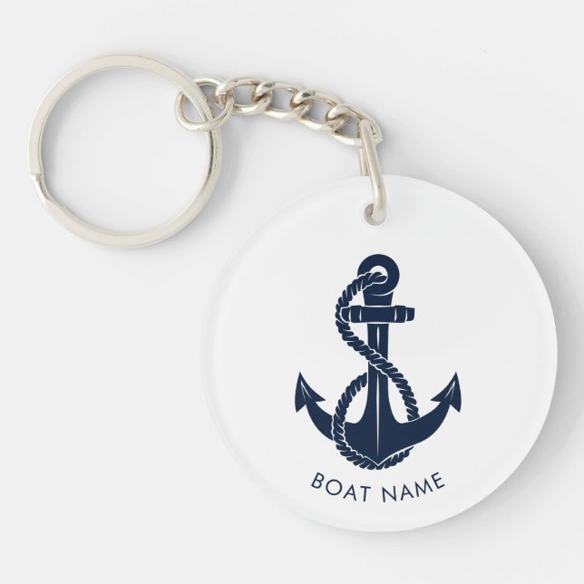 Nautical Navy Blue Anchor Boat Name Custom Keychain (Front)