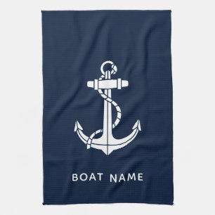 Nautical Navy Blue Anchor Boat Name Custom Kitchen Towel