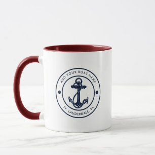 Nautical Navy Blue Anchor Boat Name Custom Mug