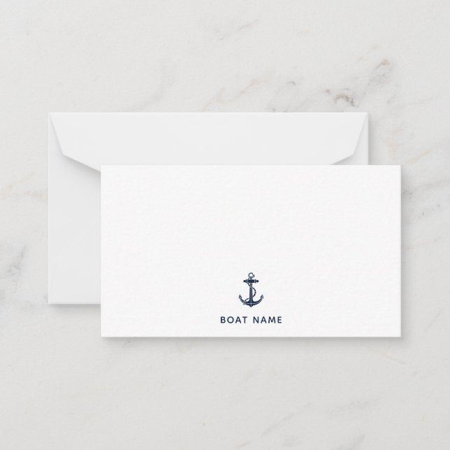 Nautical Navy Blue Anchor Boat Name Custom Note Card (Front)
