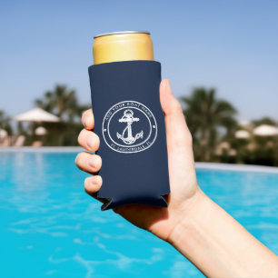 Nautical Navy Blue Anchor Boat Name Custom Seltzer Can Cooler