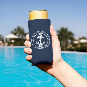 Nautical Navy Blue Anchor Boat Name Custom Seltzer Can Cooler