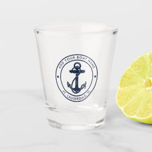 Nautical Navy Blue Anchor Boat Name Custom Shot Glass