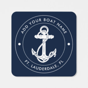 Nautical Navy Blue Anchor Boat Name Custom Square Sticker