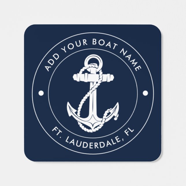 Nautical Navy Blue Anchor Boat Name Custom Square Sticker (Single)
