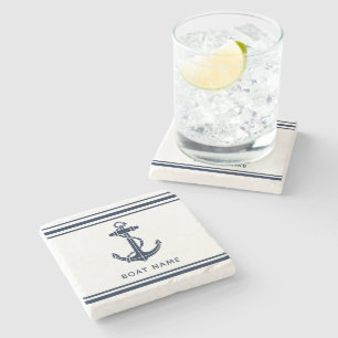 Nautical Navy Blue Anchor Boat Name Custom Stone Coaster
