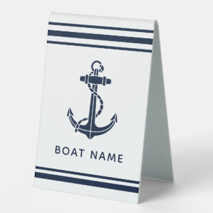 Nautical Navy Blue Anchor Boat Name Custom Table Tent