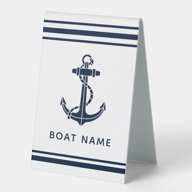 Nautical Navy Blue Anchor Boat Name Custom Table Tent (Front)