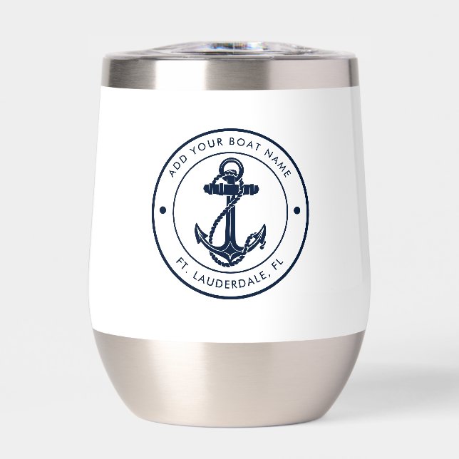 Nautical Navy Blue Anchor Boat Name Custom Thermal Wine Tumbler (Front)