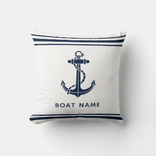 Nautical Navy Blue Anchor Boat Name Custom Throw Pillow