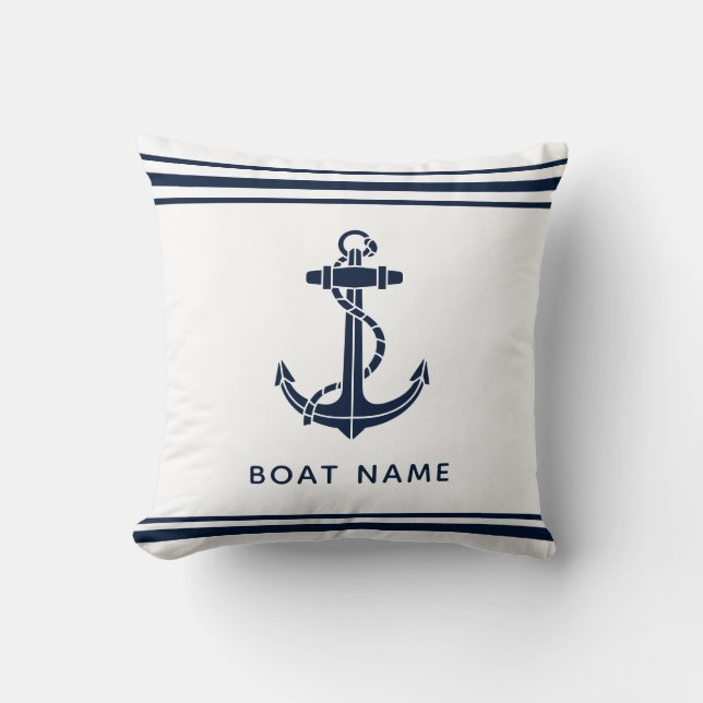 Nautical Navy Blue Anchor Boat Name Custom Throw Pillow (Front)