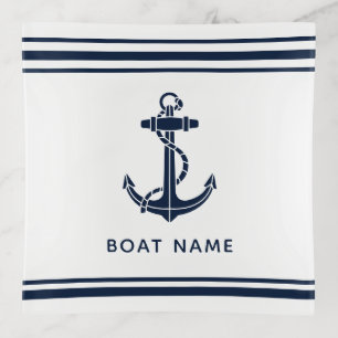 Nautical Navy Blue Anchor Boat Name Custom Trinket Tray