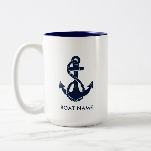 Nautical Navy Blue Anchor Boat Name Custom Two-Tone Coffee Mug (Left)