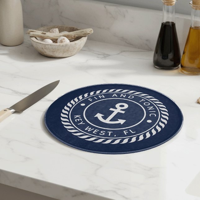 Nautical Navy Blue Anchor Boat Name Cutting Board (Creator Uploaded)