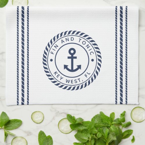 Nautical Navy Blue Anchor Boat Name Kitchen Towel