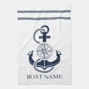 Nautical Navy Blue Anchor Boat Name Kitchen Towel