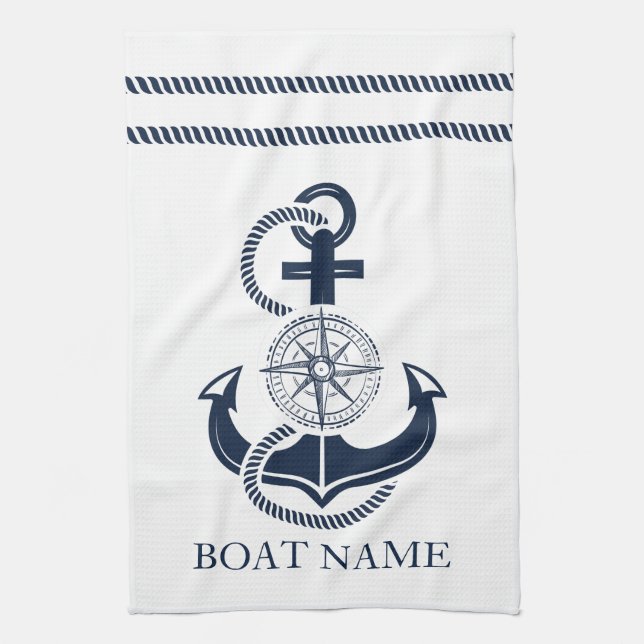Nautical Navy Blue Anchor Boat Name Kitchen Towel (Vertical)
