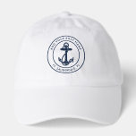 Nautical Navy Blue Anchor Boat Name Ocean Trip Hat<br><div class="desc">Add your boat name, and dock by clicking the "Personalize" button above. Set sail in style with our custom nautical-themed hat, the ultimate companion for your maritime adventures. This hat boasts a cute design inspired by the ocean's wonders, featuring classic maritime motifs such as an anchor and rope. Whether you're...</div>