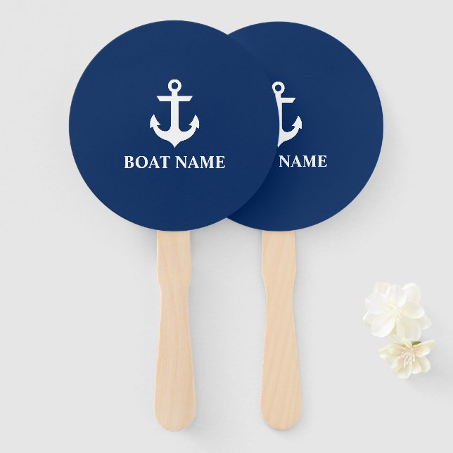 Nautical Navy Blue Anchor Boat Name Round Hand Fan (Front and Back)