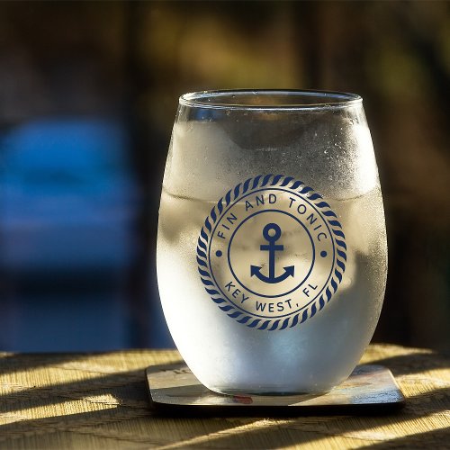 Nautical Navy Blue Anchor Boat Name Stemless Wine Glass