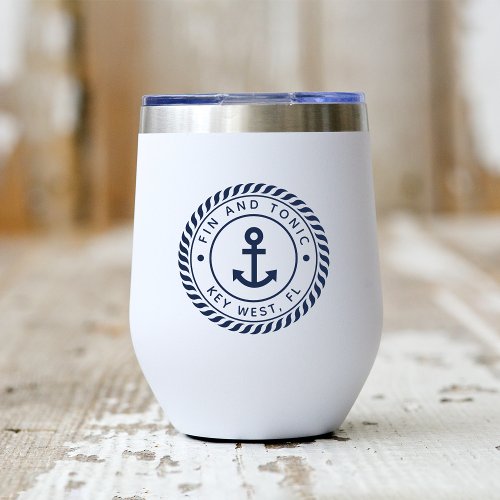 Nautical Navy Blue Anchor Boat Name Thermal Wine Tumbler