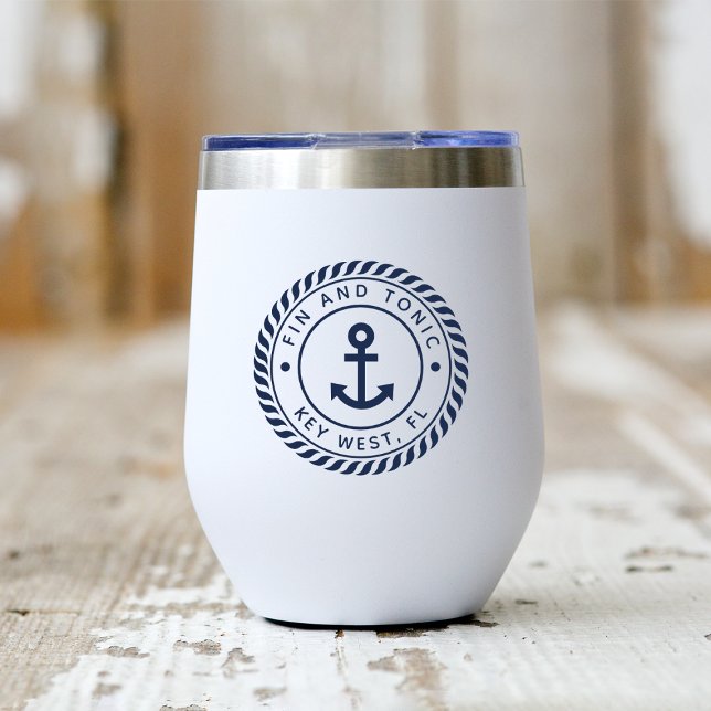 Nautical Navy Blue Anchor Boat Name Thermal Wine Tumbler (Creator Uploaded)