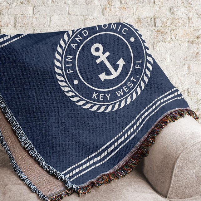 Nautical Navy Blue Anchor Boat Name Throw Blanket (Creator Uploaded)