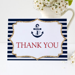 Nautical Navy Blue Anchor Boat Ocean Sea Letterpress Thank You Card