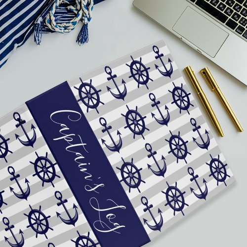 Nautical Navy Blue Anchor Boat Wheel Gray Stripe 3 Ring Binder