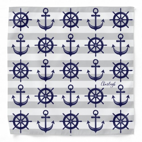 Nautical Navy Blue Anchor Boat Wheel Gray Stripe Bandana