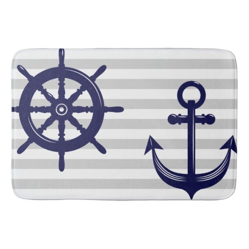 Nautical Navy Blue Anchor Boat Wheel Gray Stripe Bath Mat