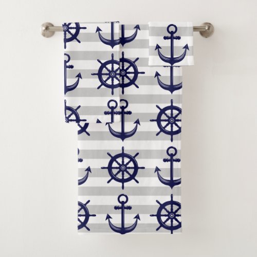 Nautical Navy Blue Anchor Boat Wheel Gray Stripe Bath Towel Set