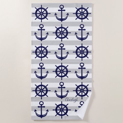 Nautical Navy Blue Anchor Boat Wheel Gray Stripe Beach Towel