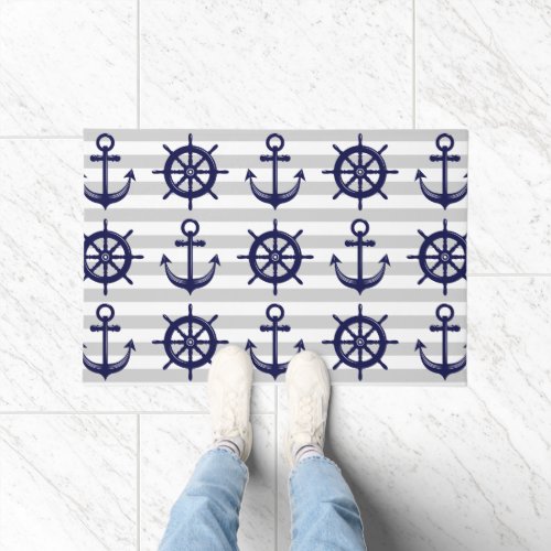 Nautical Navy Blue Anchor Boat Wheel Gray Stripe Doormat