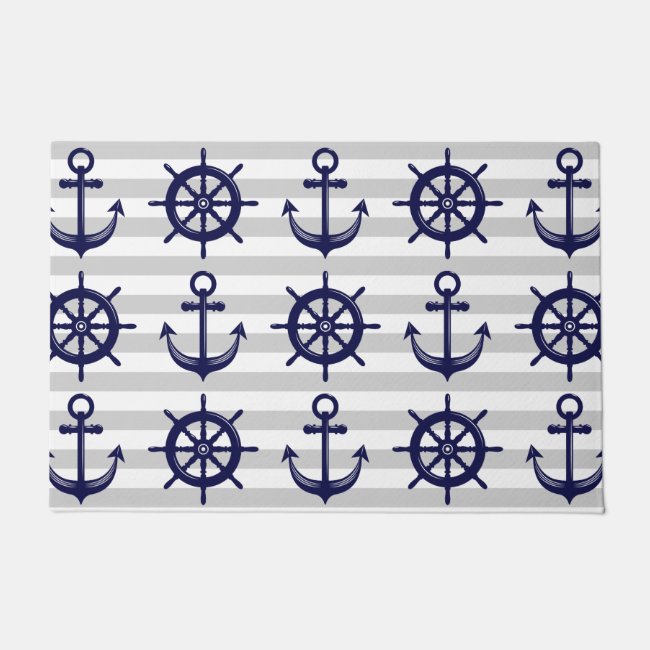 Nautical Navy Blue Anchor Boat Wheel Gray Stripe