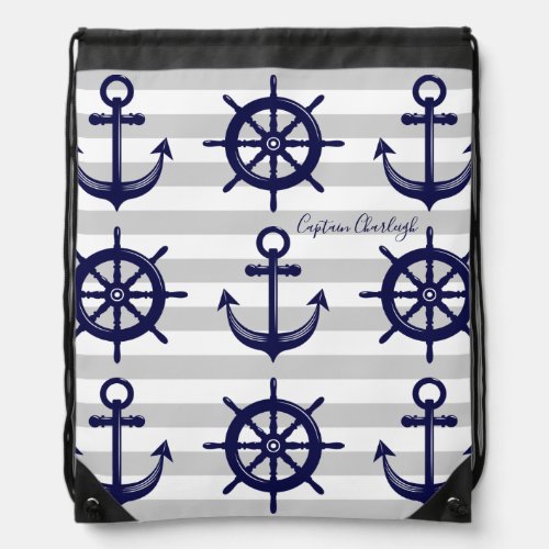 Nautical Navy Blue Anchor Boat Wheel Gray Stripe Drawstring Bag
