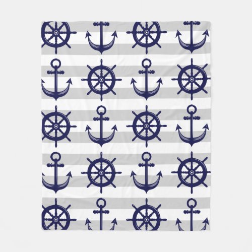 Nautical Navy Blue Anchor Boat Wheel Gray Stripe Fleece Blanket