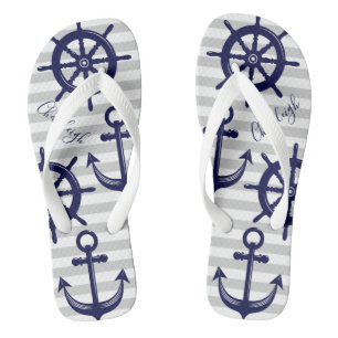 Nautical Navy Blue Anchor Boat Wheel Gray Stripe Flip Flops