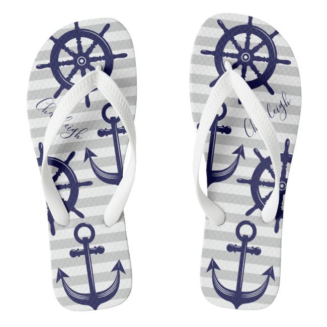 Nautical Navy Blue Anchor Boat Wheel Gray Stripe