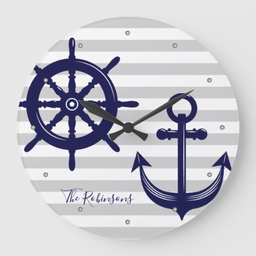Nautical Navy Blue Anchor Boat Wheel Gray Stripe Large Clock