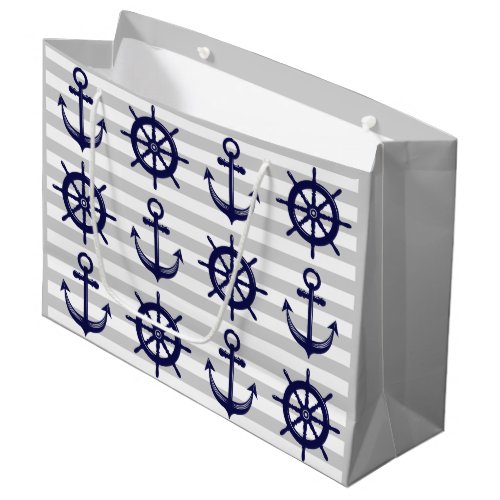 Nautical Navy Blue Anchor Boat Wheel Gray Stripe Large Gift Bag