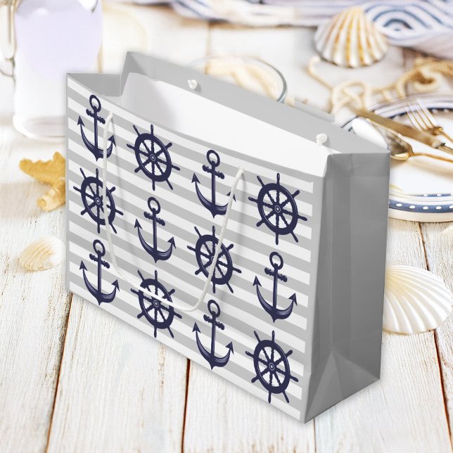 Nautical Navy Blue Anchor Boat Wheel Gray Stripe Large Gift Bag (Creator Uploaded)
