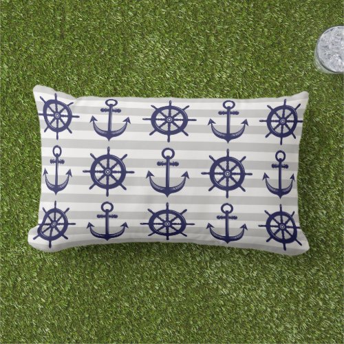 Nautical Navy Blue Anchor Boat Wheel Gray Stripe Lumbar Pillow