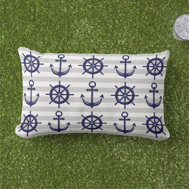 Nautical Navy Blue Anchor Boat Wheel Gray Stripe