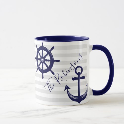 Nautical Navy Blue Anchor Boat Wheel Gray Stripe Mug