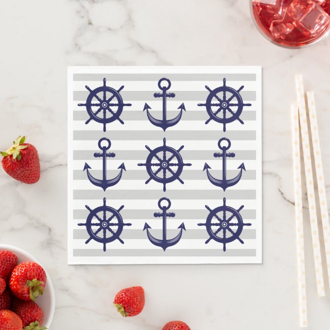 Nautical Navy Blue Anchor Boat Wheel Gray Stripe